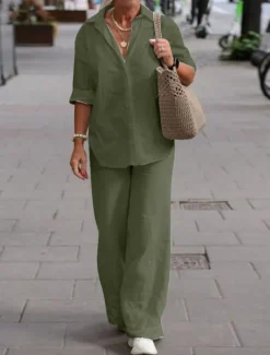 Women's Elegant Fashion Basic Shirt Cotton Linen Sets Two Piece Sets Pants Trousers Long Sleeve Shirt Collar Solid Color Casual Daily Pink Dark Navy Blue Fall & Winter Regular Fit