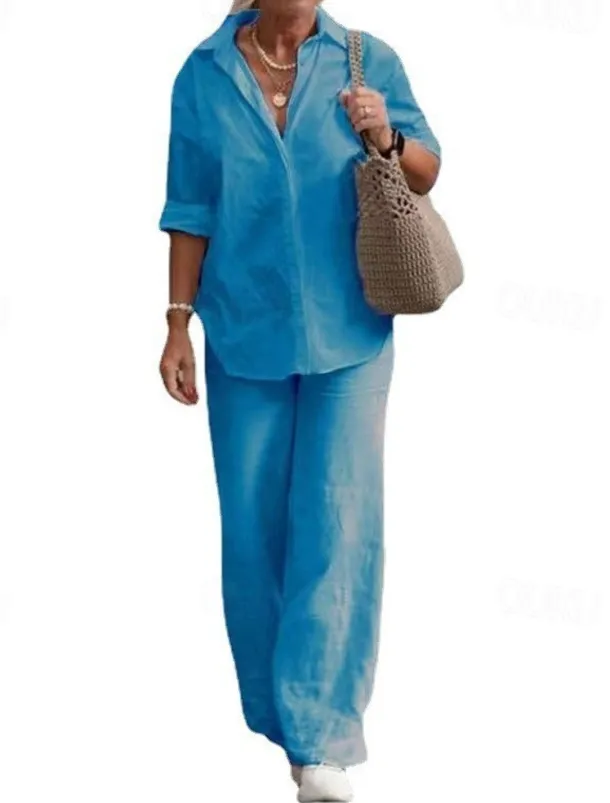 Women's Elegant Fashion Basic Shirt Cotton Linen Sets Two Piece Sets Pants Trousers Long Sleeve Shirt Collar Solid Color Casual Daily Pink Dark Navy Blue Fall & Winter Regular Fit
