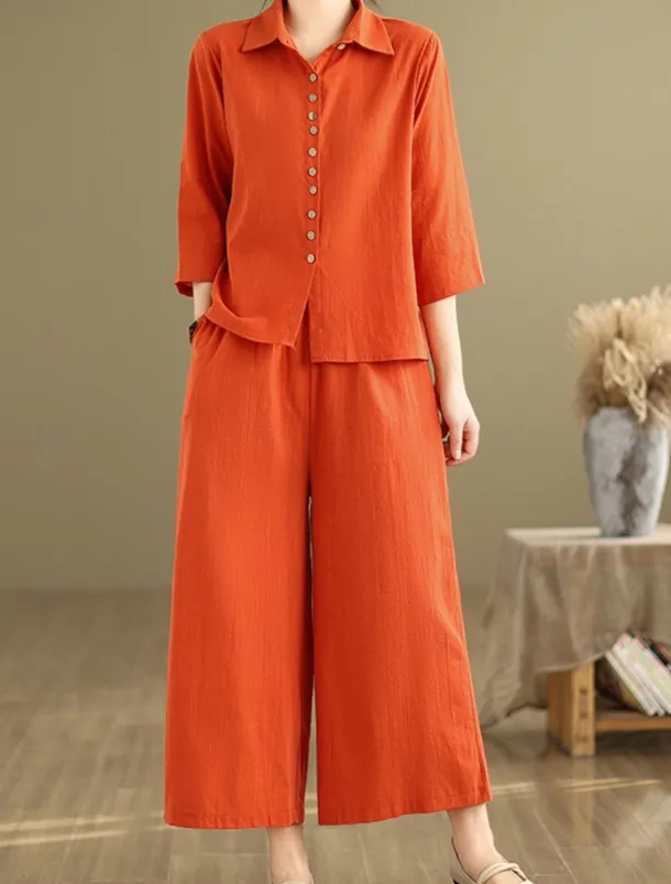 Women's Elegant Fashion Streetwear Cotton Linen Sets 3/4 Length Sleeve Shirt Collar Solid Color Outdoor Work Casual Orange Brown Khaki Summer Regular Fit