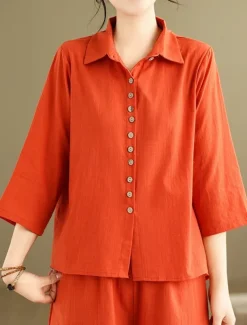 Women's Elegant Fashion Streetwear Cotton Linen Sets 3/4 Length Sleeve Shirt Collar Solid Color Outdoor Work Casual Orange Brown Khaki Summer Regular Fit