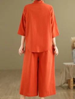 Women's Elegant Fashion Streetwear Cotton Linen Sets 3/4 Length Sleeve Shirt Collar Solid Color Outdoor Work Casual Orange Brown Khaki Summer Regular Fit