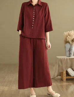 Women's Elegant Fashion Streetwear Cotton Linen Sets 3/4 Length Sleeve Shirt Collar Solid Color Outdoor Work Casual Orange Brown Khaki Summer Regular Fit