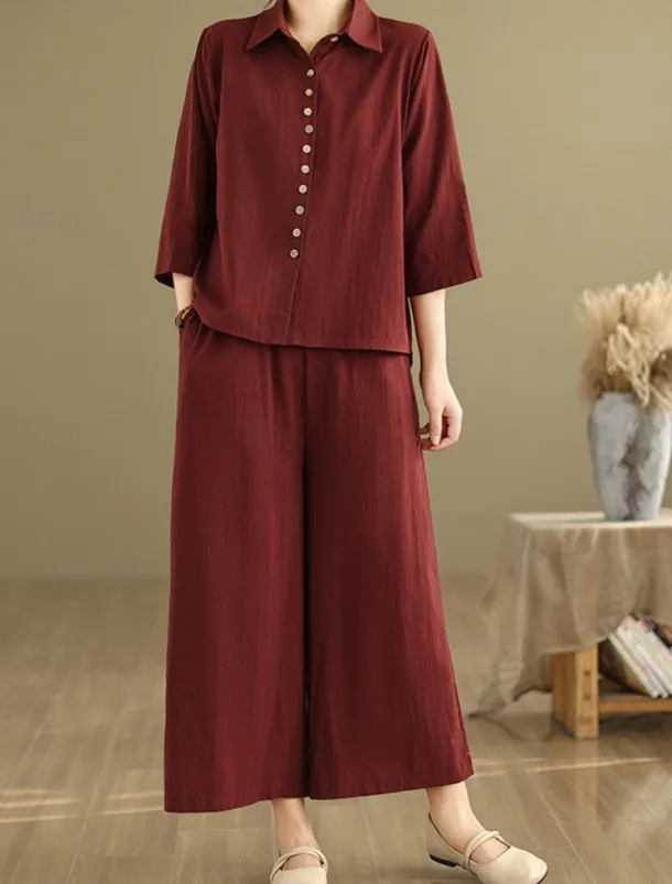 Women's Elegant Fashion Streetwear Cotton Linen Sets 3/4 Length Sleeve Shirt Collar Solid Color Outdoor Work Casual Orange Brown Khaki Summer Regular Fit