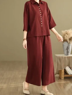Women's Elegant Fashion Streetwear Cotton Linen Sets 3/4 Length Sleeve Shirt Collar Solid Color Outdoor Work Casual Orange Brown Khaki Summer Regular Fit