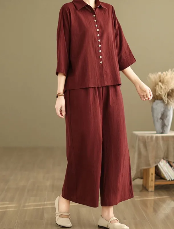 Women's Elegant Fashion Streetwear Cotton Linen Sets 3/4 Length Sleeve Shirt Collar Solid Color Outdoor Work Casual Orange Brown Khaki Summer Regular Fit