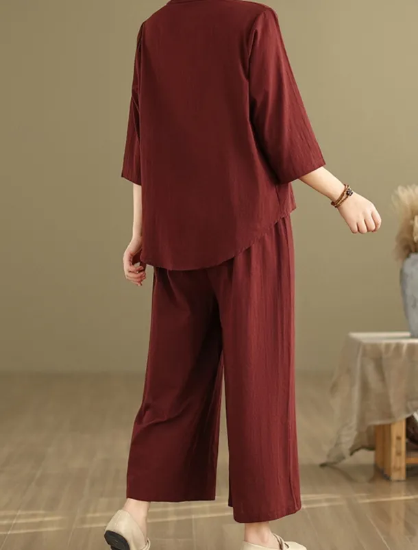 Women's Elegant Fashion Streetwear Cotton Linen Sets 3/4 Length Sleeve Shirt Collar Solid Color Outdoor Work Casual Orange Brown Khaki Summer Regular Fit