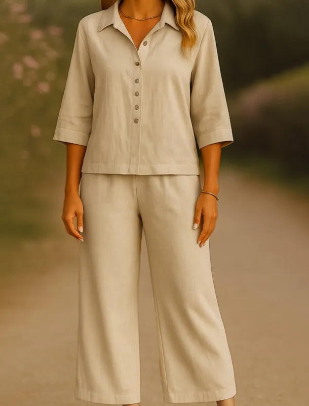 Women's Elegant Fashion Streetwear Cotton Linen Sets 3/4 Length Sleeve Shirt Collar Solid Color Outdoor Work Casual Orange Brown Khaki Summer Regular Fit