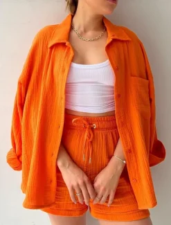 Women's Elegant Fashion Streetwear Cotton Linen Sets Long Sleeve Shirt Collar Solid Color Outdoor Work Casual Black Purple Orange Summer Loose Fit
