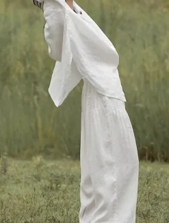 Women's Elegant Fashion Streetwear Cotton Linen Sets Long Sleeve Shirt Collar Plain Outdoor Work Casual White Summer Regular Fit