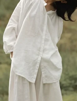 Women's Elegant Fashion Streetwear Cotton Linen Sets Long Sleeve Shirt Collar Plain Outdoor Work Casual White Summer Regular Fit