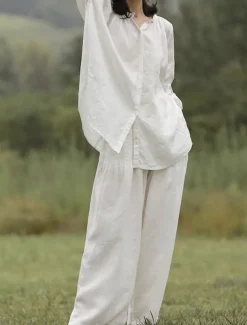 Women's Elegant Fashion Streetwear Cotton Linen Sets Long Sleeve Shirt Collar Plain Outdoor Work Casual White Summer Regular Fit