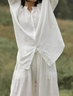 Women's Elegant Fashion Streetwear Cotton Linen Sets Long Sleeve Shirt Collar Plain Outdoor Work Casual White Summer Regular Fit