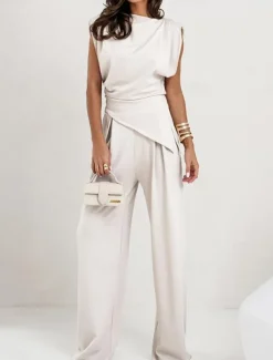 Women's Elegant Fashion Streetwear Pants Sets Sleeveless Crew Neck Solid Color Ruched Formal Casual Daily Dark Grey White Khaki Summer Regular Fit