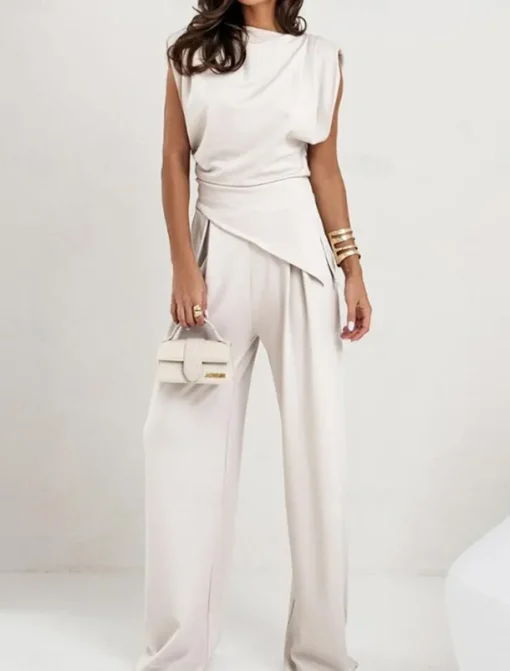 Women's Elegant Fashion Streetwear Pants Sets Sleeveless Crew Neck Solid Color Ruched Formal Casual Daily Dark Grey White Khaki Summer Regular Fit