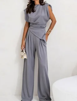 Women's Elegant Fashion Streetwear Pants Sets Sleeveless Crew Neck Solid Color Ruched Formal Casual Daily Dark Grey White Khaki Summer Regular Fit