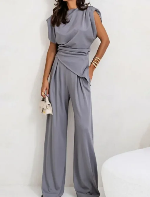 Women's Elegant Fashion Streetwear Pants Sets Sleeveless Crew Neck Solid Color Ruched Formal Casual Daily Dark Grey White Khaki Summer Regular Fit