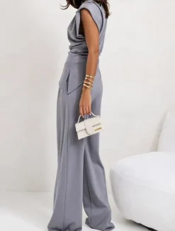 Women's Elegant Fashion Streetwear Pants Sets Sleeveless Crew Neck Solid Color Ruched Formal Casual Daily Dark Grey White Khaki Summer Regular Fit