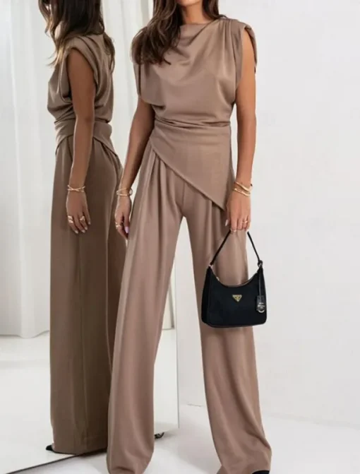 Women's Elegant Fashion Streetwear Pants Sets Sleeveless Crew Neck Solid Color Ruched Formal Casual Daily Dark Grey White Khaki Summer Regular Fit