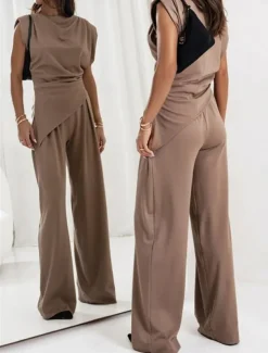 Women's Elegant Fashion Streetwear Pants Sets Sleeveless Crew Neck Solid Color Ruched Formal Casual Daily Dark Grey White Khaki Summer Regular Fit