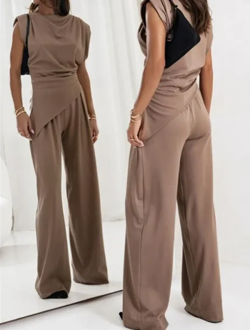 Women's Elegant Fashion Streetwear Pants Sets Sleeveless Crew Neck Solid Color Ruched Formal Casual Daily Dark Grey White Khaki Summer Regular Fit