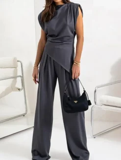 Women's Elegant Fashion Streetwear Pants Sets Sleeveless Crew Neck Solid Color Ruched Formal Casual Daily Dark Grey White Khaki Summer Regular Fit
