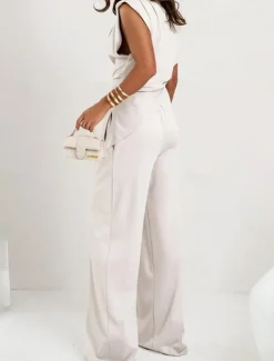 Women's Elegant Fashion Streetwear Pants Sets Sleeveless Crew Neck Solid Color Ruched Formal Casual Daily Dark Grey White Khaki Summer Regular Fit