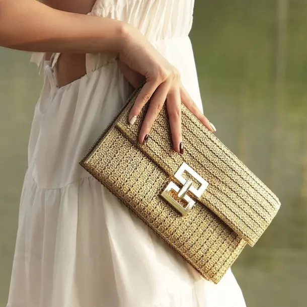 Women's Elegant Gold Straw Clutch with Designer-Style Closure - Perfect for Evening Events
