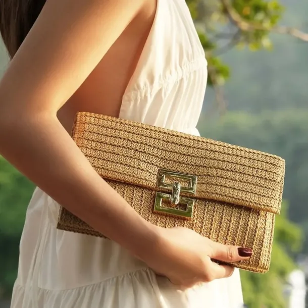 Women's Elegant Gold Straw Clutch with Designer-Style Closure - Perfect for Evening Events