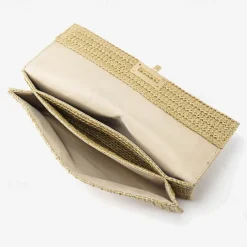 Women's Elegant Gold Straw Clutch with Designer-Style Closure - Perfect for Evening Events
