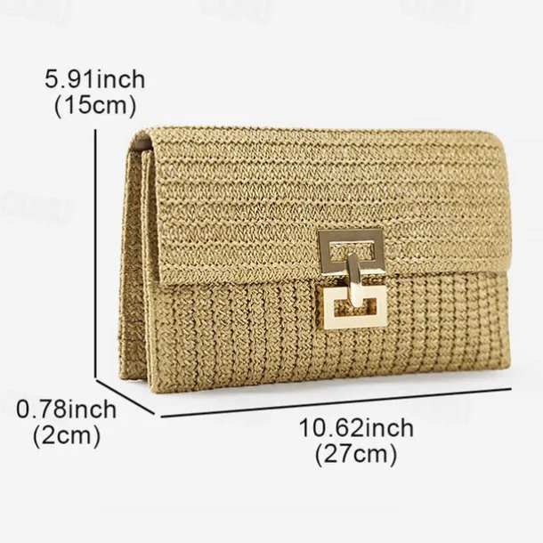 Women's Elegant Gold Straw Clutch with Designer-Style Closure - Perfect for Evening Events
