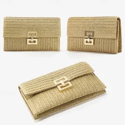 Women's Elegant Gold Straw Clutch with Designer-Style Closure - Perfect for Evening Events