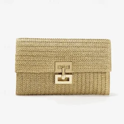 Women's Elegant Gold Straw Clutch with Designer-Style Closure - Perfect for Evening Events