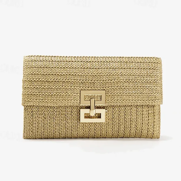 Women's Elegant Gold Straw Clutch with Designer-Style Closure - Perfect for Evening Events