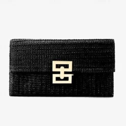 Women's Elegant Gold Straw Clutch with Designer-Style Closure - Perfect for Evening Events