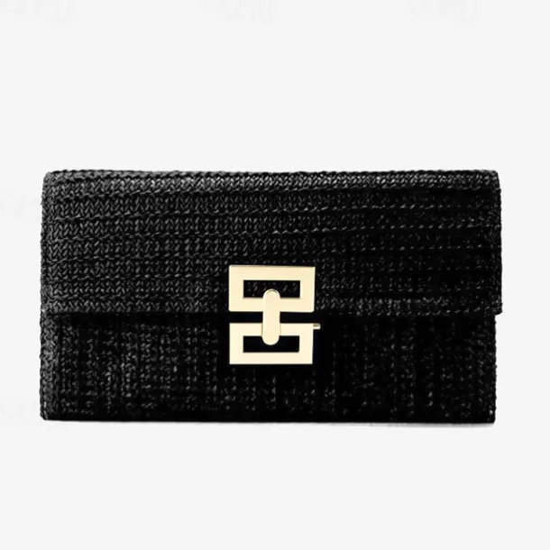 Women's Elegant Gold Straw Clutch with Designer-Style Closure - Perfect for Evening Events