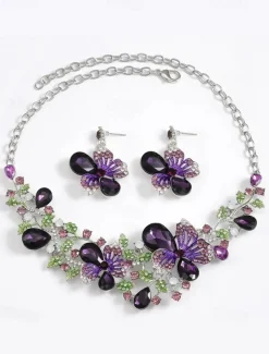 Women's Elegant Green Butterfly Jewelry Set – Sparkling Crystal Necklace and Earring Set with Floral Design for Special Occasions