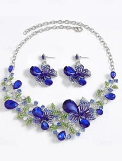 Women's Elegant Green Butterfly Jewelry Set – Sparkling Crystal Necklace and Earring Set with Floral Design for Special Occasions