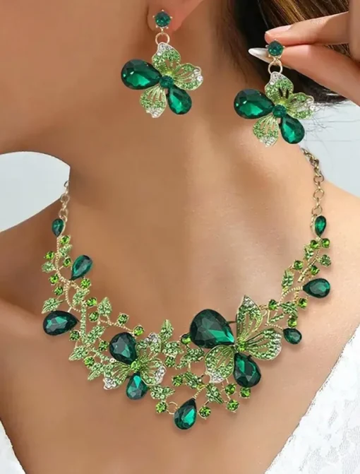 Women's Elegant Green Butterfly Jewelry Set – Sparkling Crystal Necklace and Earring Set with Floral Design for Special Occasions