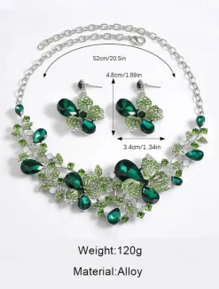 Women's Elegant Green Butterfly Jewelry Set – Sparkling Crystal Necklace and Earring Set with Floral Design for Special Occasions