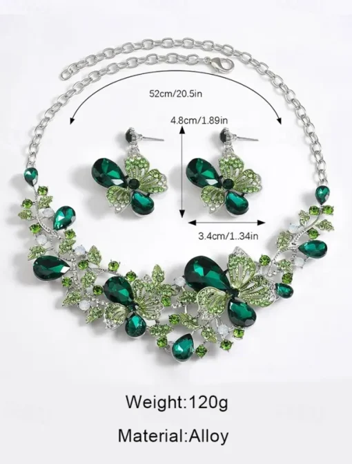 Women's Elegant Green Butterfly Jewelry Set – Sparkling Crystal Necklace and Earring Set with Floral Design for Special Occasions