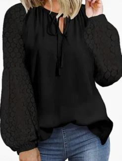 Women's Elegant Lace Tops Eyelet Blouse Casual Solid Color Regular Tops Long Sleeve Crew Neck Lace Patchwork Regular Fit Daily Black Pink Wine Romantic Petite Tops Summer Holiday Wear
