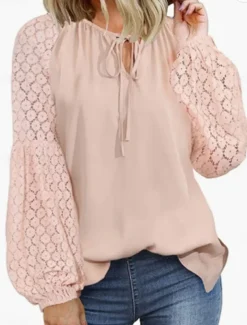 Women's Elegant Lace Tops Eyelet Blouse Casual Solid Color Regular Tops Long Sleeve Crew Neck Lace Patchwork Regular Fit Daily Black Pink Wine Romantic Petite Tops Summer Holiday Wear