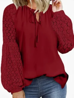Women's Elegant Lace Tops Eyelet Blouse Casual Solid Color Regular Tops Long Sleeve Crew Neck Lace Patchwork Regular Fit Daily Black Pink Wine Romantic Petite Tops Summer Holiday Wear