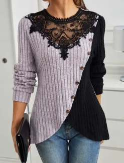 Women's Elegant Lace Tops Eyelet Blouse Stylish Modern Lace Long Sleeve Regular Tops Crew Neck Work Daily Romantic Petite Tops Summer Holiday Wear Black Gray Spring Fall Winter