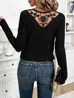 Women's Elegant Lace Tops Eyelet Blouse Fashion Modern Casual Plain Regular Tops Long Sleeve V Neck Regular Fit Daily Weekend Romantic Petite Tops Summer Holiday Wear Black Light Grey Beige Fall