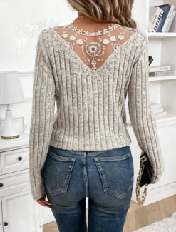 Women's Elegant Lace Tops Eyelet Blouse Fashion Modern Casual Plain Regular Tops Long Sleeve V Neck Regular Fit Daily Weekend Romantic Petite Tops Summer Holiday Wear Black Light Grey Beige Fall