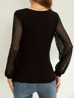 Women's Elegant Lace Tops Eyelet Blouse Sexy Modern Plain Regular Tops Long Sleeve V Neck Patchwork Cut Out Regular Fit Daily Weekend Romantic Petite Tops Summer Holiday Wear Black Fall Evening Tops