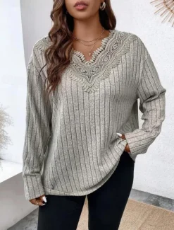 Women's Elegant Lace Tops Eyelet Blouse Stylish Modern Lace Long Sleeve Regular Tops V Neck Work Daily Romantic Petite Tops Summer Holiday Wear Gray Spring Fall
