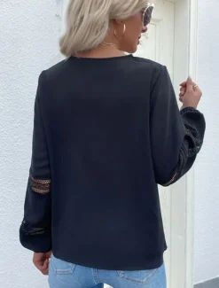 Women's Elegant Lace Tops Eyelet Blouse Stylish Modern Lace Hollow Out Long Sleeve Regular Tops V Neck Work Daily Romantic Petite Tops Summer Holiday Wear Blue Spring Fall