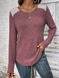 Women's Elegant Lace Tops Eyelet Blouse Casual Solid Color Regular Tops Long Sleeve Crew Neck Lace Patchwork Regular Fit Daily Red Gray Romantic Petite Tops Summer Holiday Wear